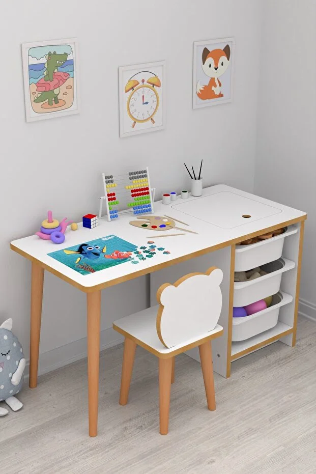 Soho - Çocuk Çalışma Masası Oyun Ve Etkinlik Masası Beyaz Sepetli